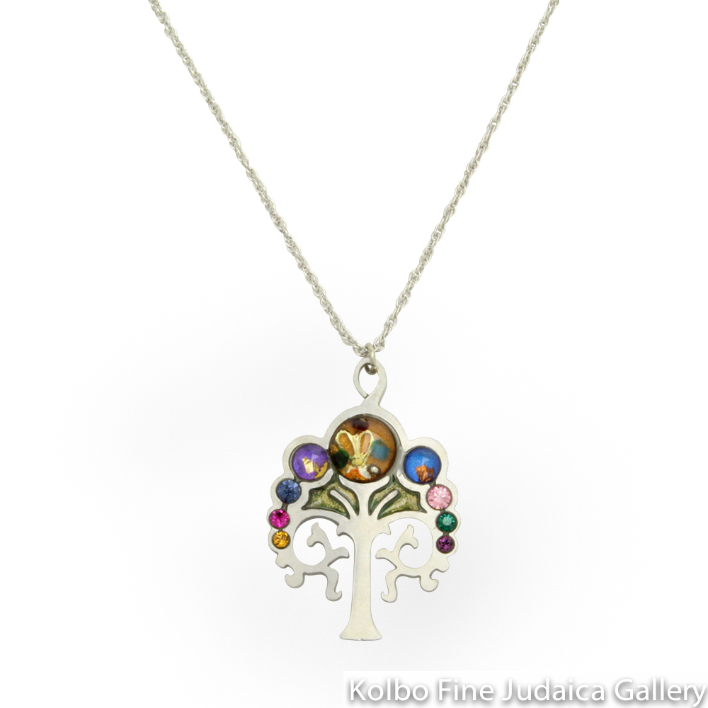 Necklace, Multicolor Tree of Life, Resin on Stainless Steel with Crystals
