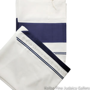 Tallit Set, Navy Blue and White with Silver Detail, Poly Blend