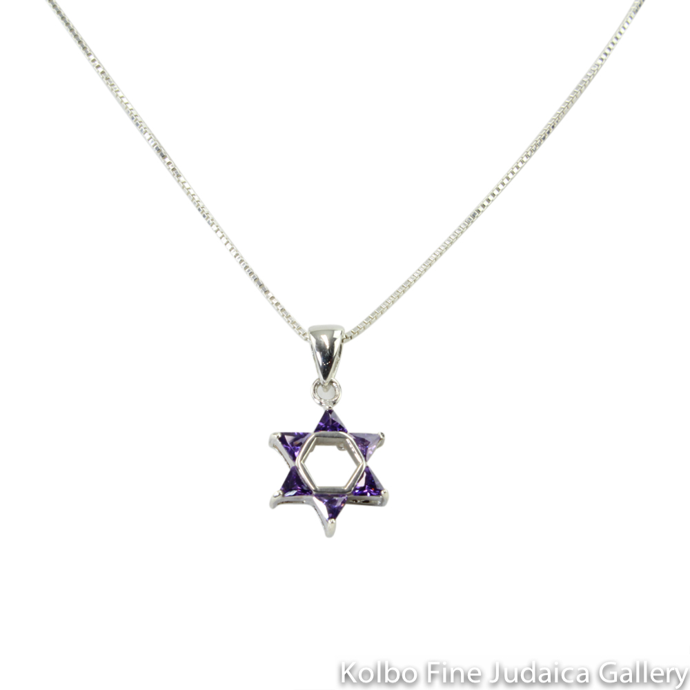 Necklace, Star of David Purple Design, Sterling Silver and Glass