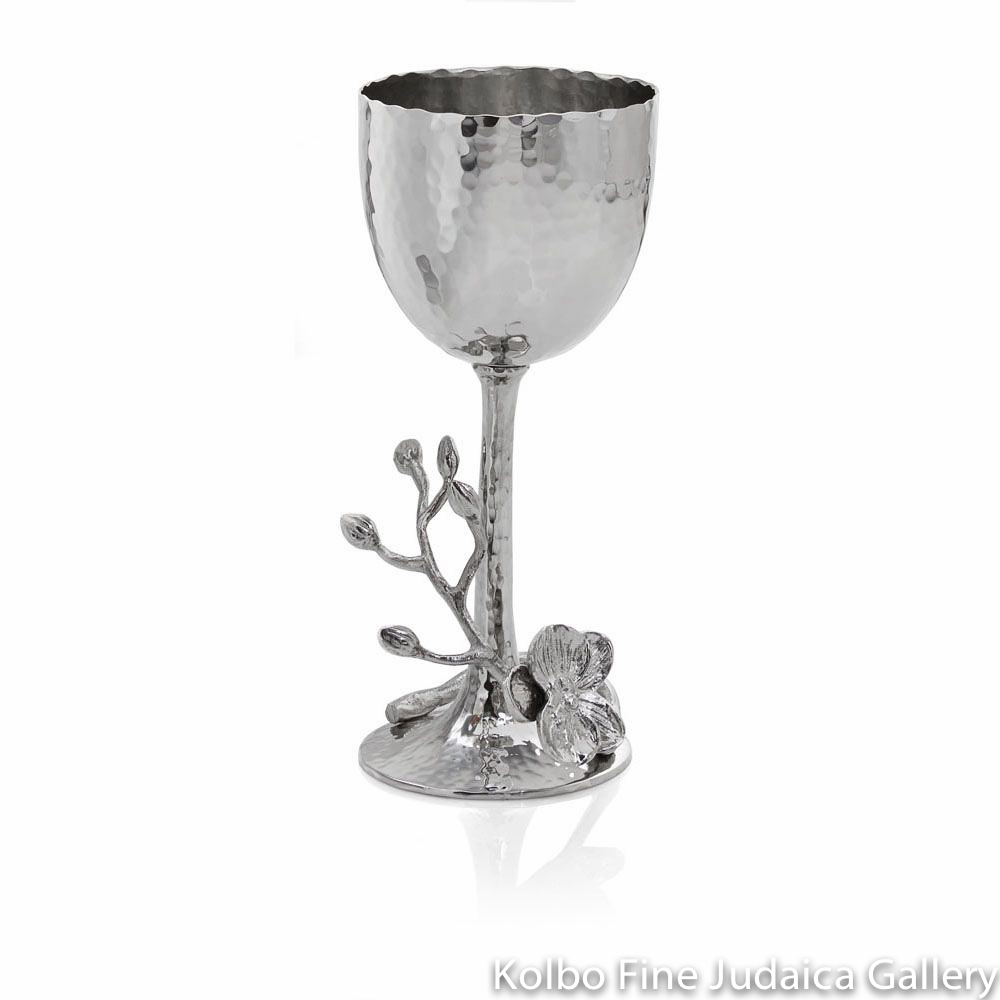 Kiddush Cup, White Orchid Design, Hammered Stainless Steel and Nickel Plate