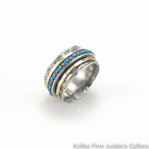 Ring, Wide Sterling Silver Band with Opal and Gold-Filled Spinners