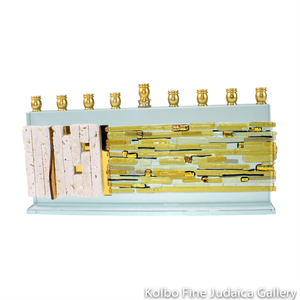 Menorah, Glass and Jerusalem Stone, Half Western Wall Glass Design with Yellow Speckles, Half Layered Jerusalem Stone