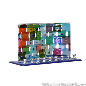 Menorah, Rainbow Quilt Design, Multicolor Overlapping Fused Glass Squares with Dichroic Detail, Large