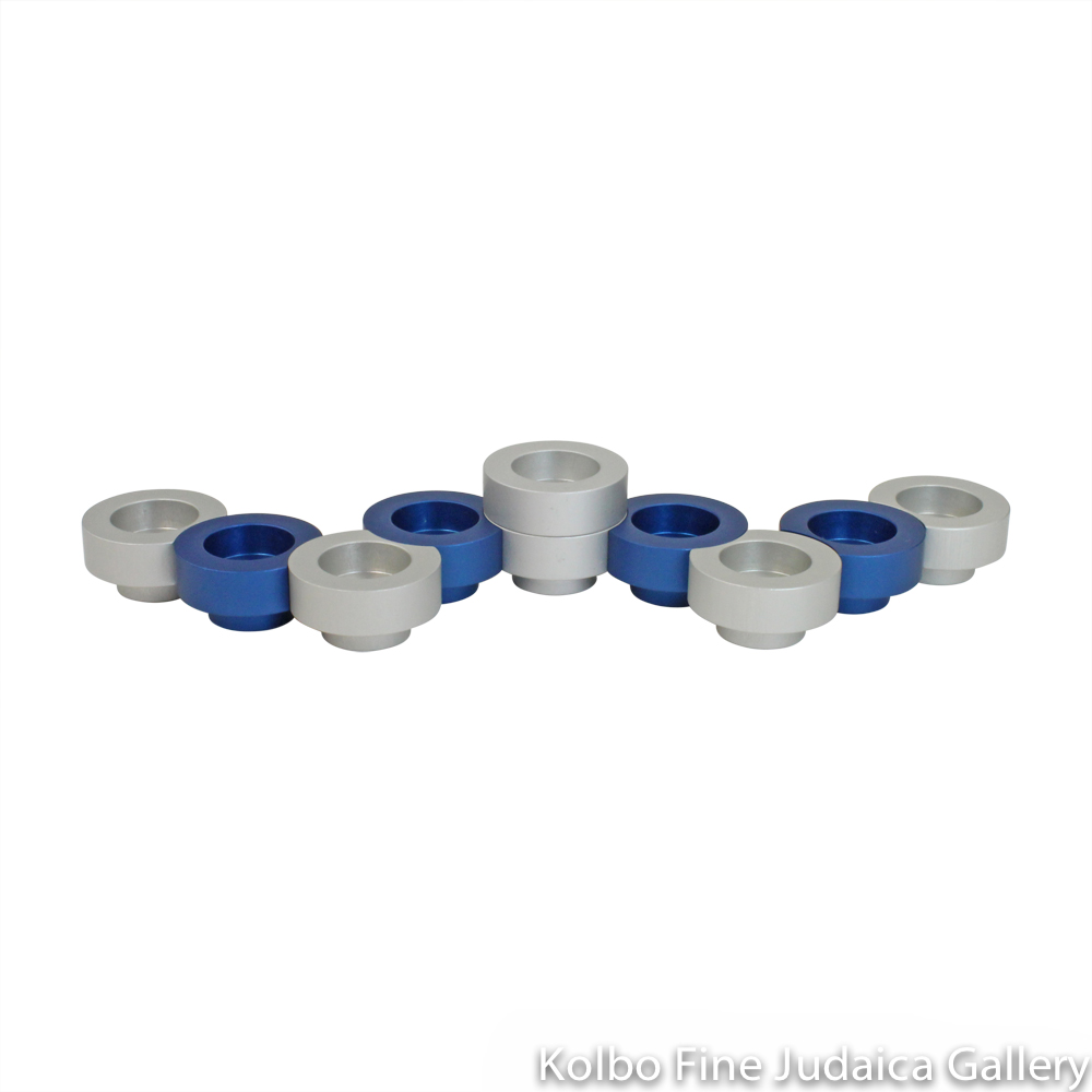 Menorah, Stackable Traveling Dark Blue and Silver Design, Anodized Aluminum