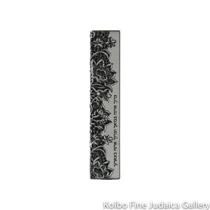 Mezuzah, Cut Out Floral Design with Hebrew Blessing, Stainless Steel on Black Background