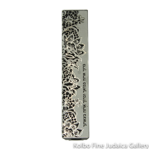 Mezuzah, Cut Out Floral Design with Hebrew Blessing, Stainless Steel on Black Background