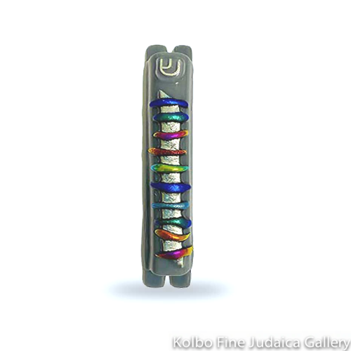 Mezuzah, Rainbow Dichroic Stripes on Gray Backing, Glass