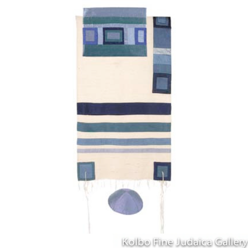 Tallit Set, Blue, Slate Gray and Pirple Stripes with Geometric Detail, Raw Silk on Viscose