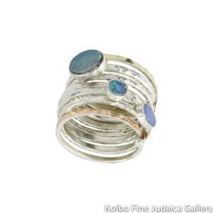 Ring, Stackable Hammered Bands with Blue Opals, Sterling Silver and Gold Filled