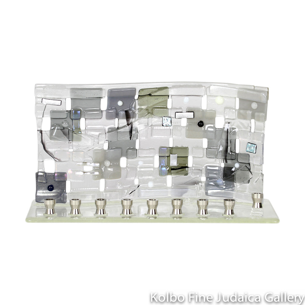 Menorah, Quilt Design, Large Grey, Clear, and Silver Fused Glass With Dichroic Glass