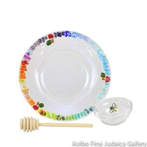 Honey and Apple Set, Sweet Rainbow Design, Fused Glass Border with Apples and Hand-Painted Honeybee Cup