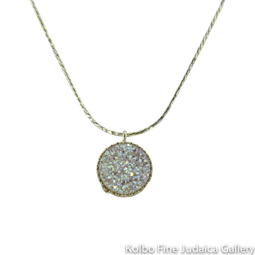 Necklace, Opal-Colored Agate Druzy Quartz, Round Pendant on Sterling Silver Chain