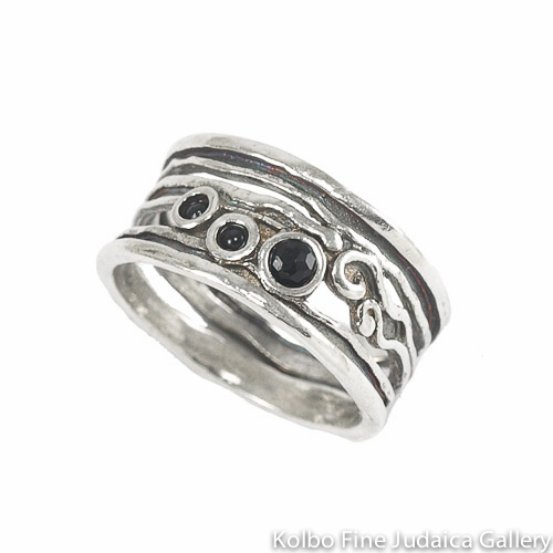 Ring, Delicate Swirls of Sterling Silver Holding Three Onyx Stones