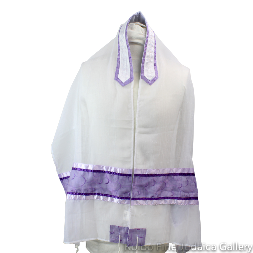 Tallit Set, Spiral Purple Design with Lavender Detail on White Chiffon