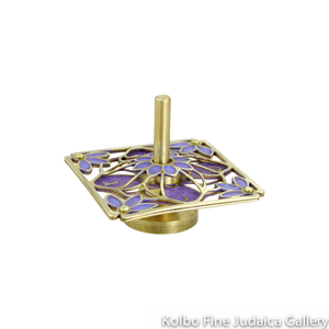 Dreidel, Flower Design, Painted Purple Enamel on Hand-Crafted Brass