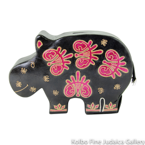 Tzedakah Box, Hippopotamus Design, Hand Painted Tooled Leather