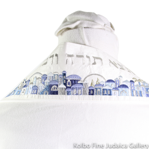 Tallit Set, Embroidered Blue Jerusalem Design, Woven Cotton, three pieces
