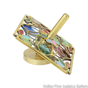 Dreidel, Flower Design, Painted Multicolor Enamel on Hand-Crafted Brass