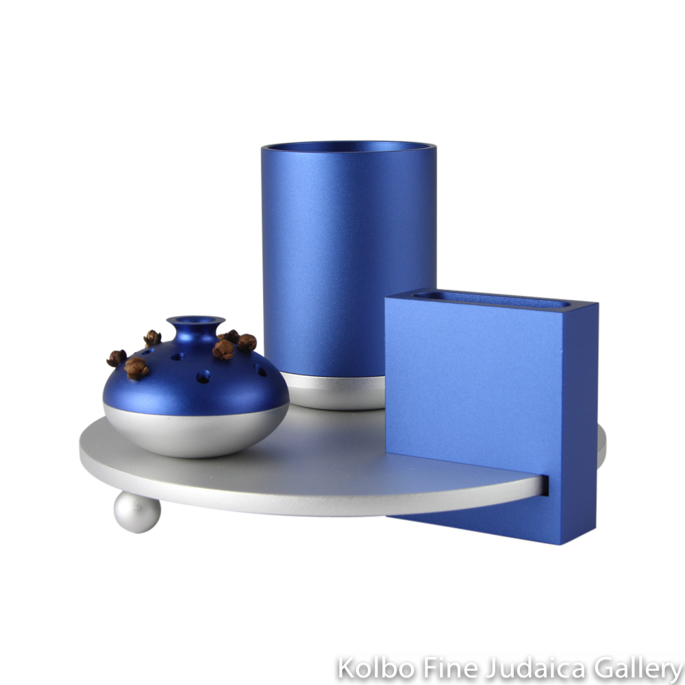 Havdalah Set, Blue and Silver Modern Design, Anodized Aluminum