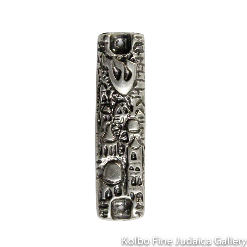 Mezuzah, Carved Jerusalem Motif, Antique Pewter