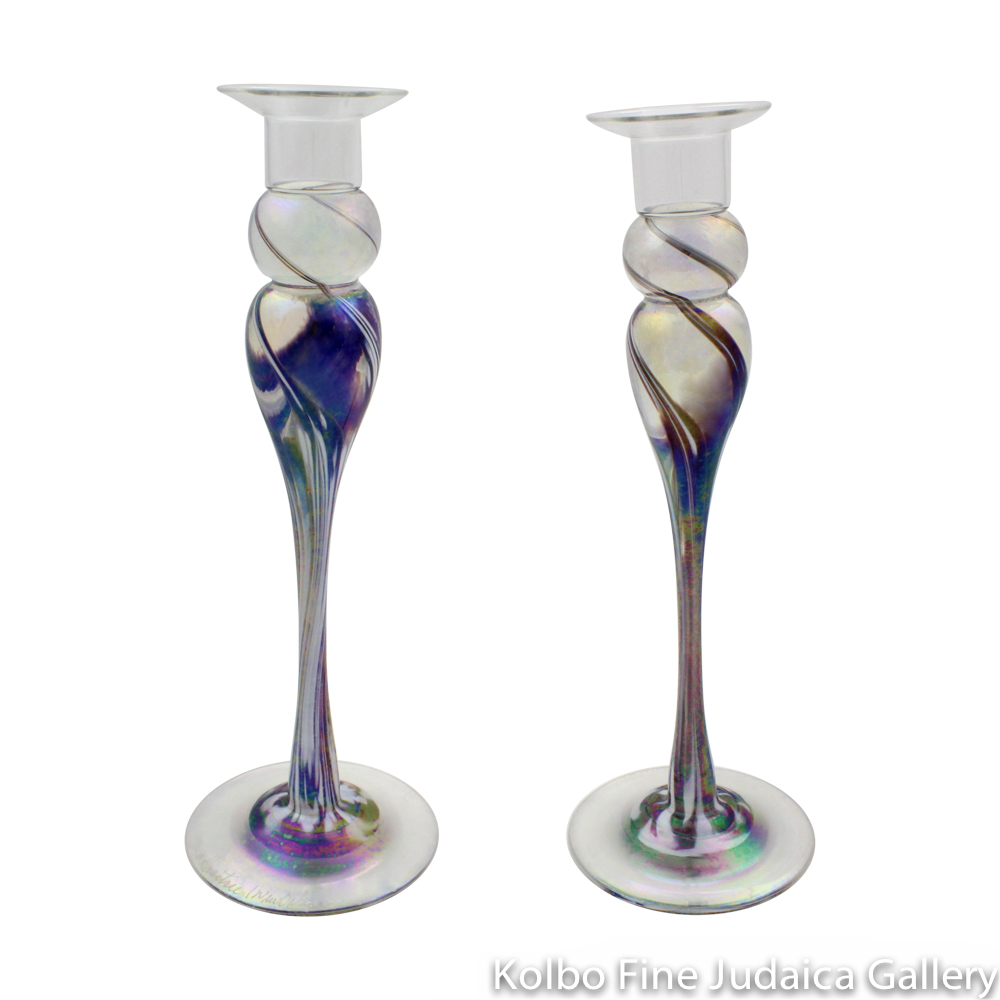 Candlesticks, Mardi Gras Design, Hand-Blown Glass with Pyrex Candleholders