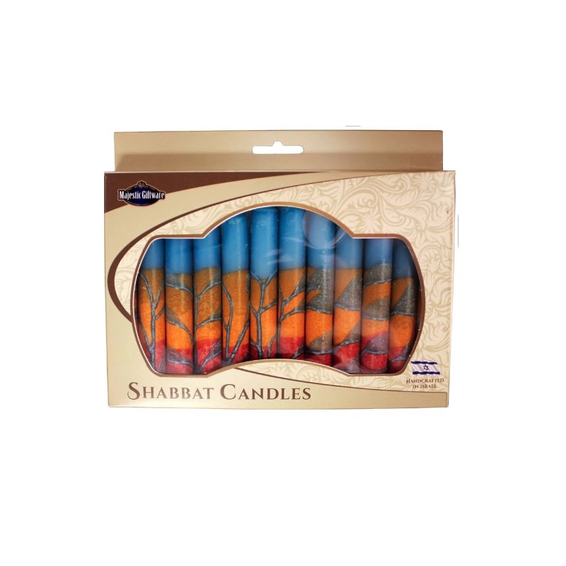 Shabbat Candles, Turquoise, Orange and Red, Box of 12, Unscented Dripless Paraffin