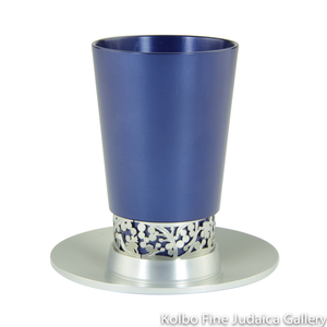 Kiddush Cup, Seven Species Design, Stainless Steel Detail on Blue Colored Anodized Aluminum, Large, Includes Saucer