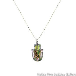 Necklace, Hamsa in Green and Pink, Resin on Stainless Steel with Crystals and Beads