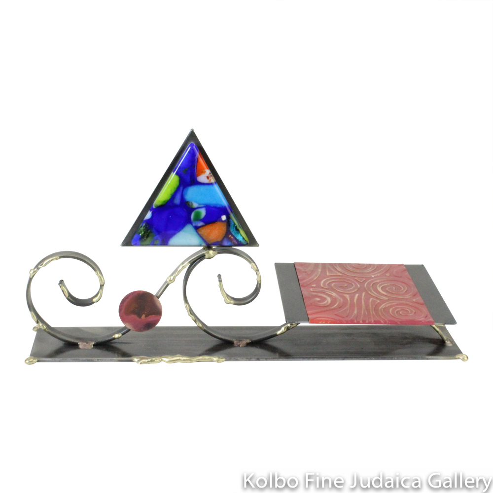 Matzah Plate, Steel, Glass, Wave Design with Fused Triangle