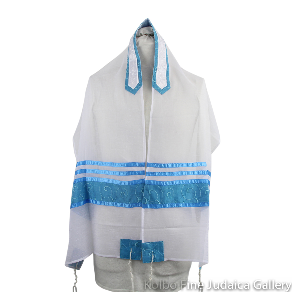 Tallit Set, Spiral Teal Design on White Chiffon