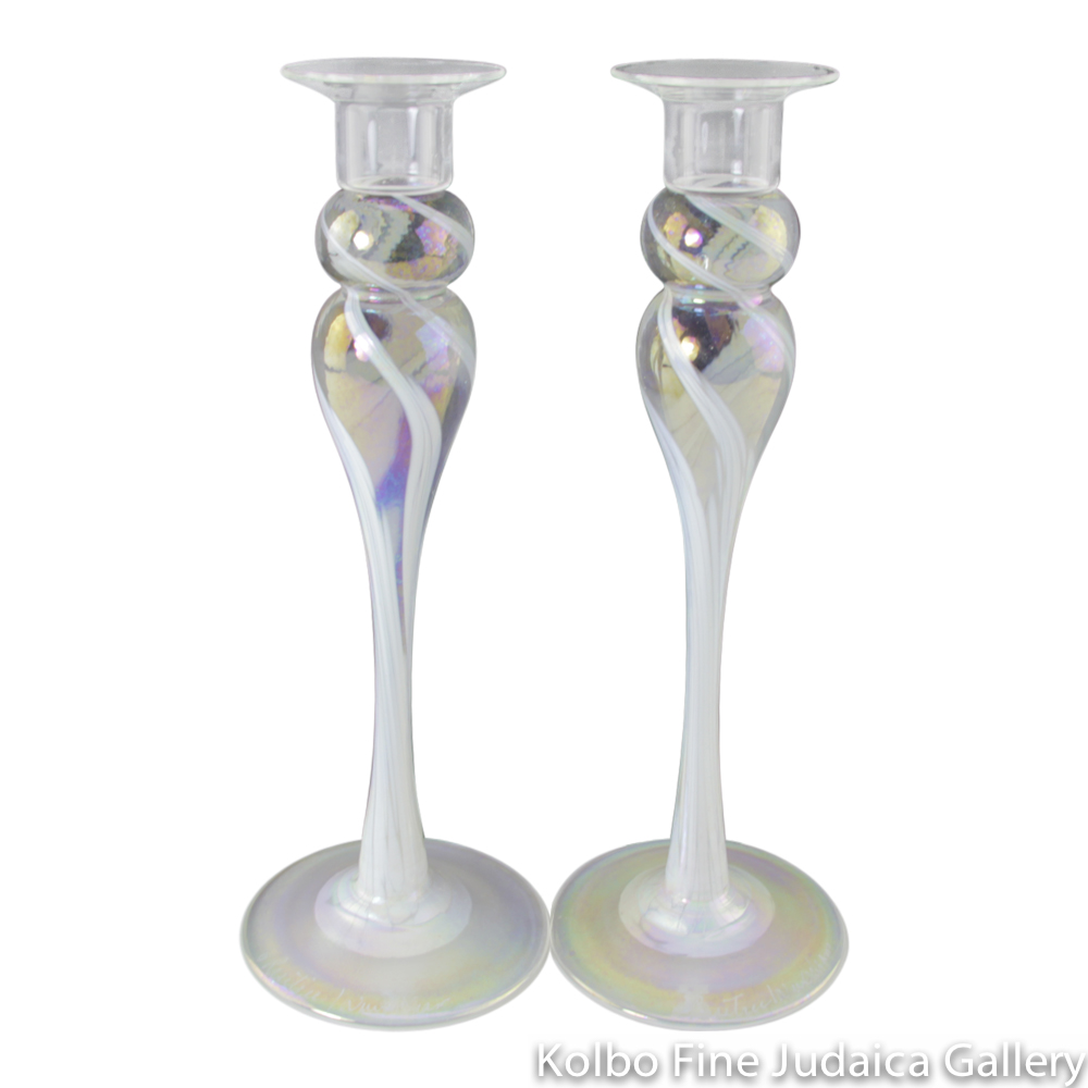 Candlesticks, White Design, Hand-Blown Glass with Pyrex Candleholders