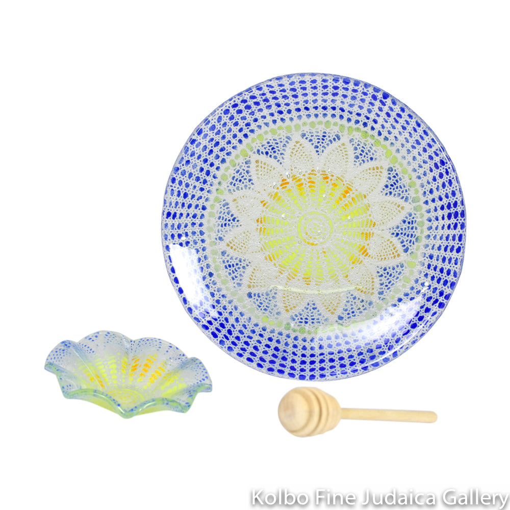 Honey and Apple Set, Blue and Yellow Sunflower Pattern, Glass