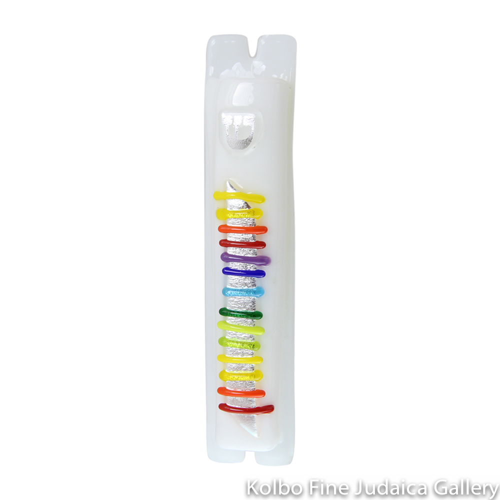 Mezuzah, Thin Rainbow on White, Fused Glass