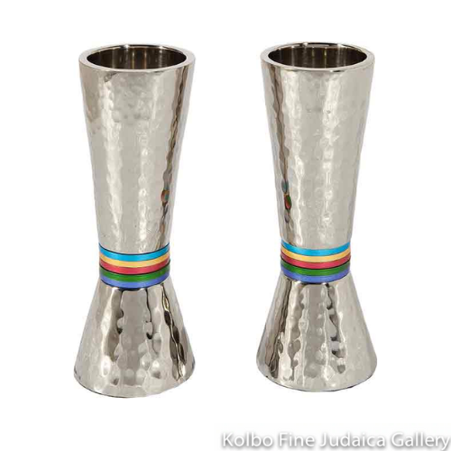 Candlesticks, Hammered Nickel Plate with Multi Color Rings