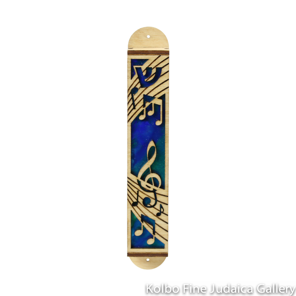 Mezuzah, Music Design, Cut Out Wood Over Hand Painted Background