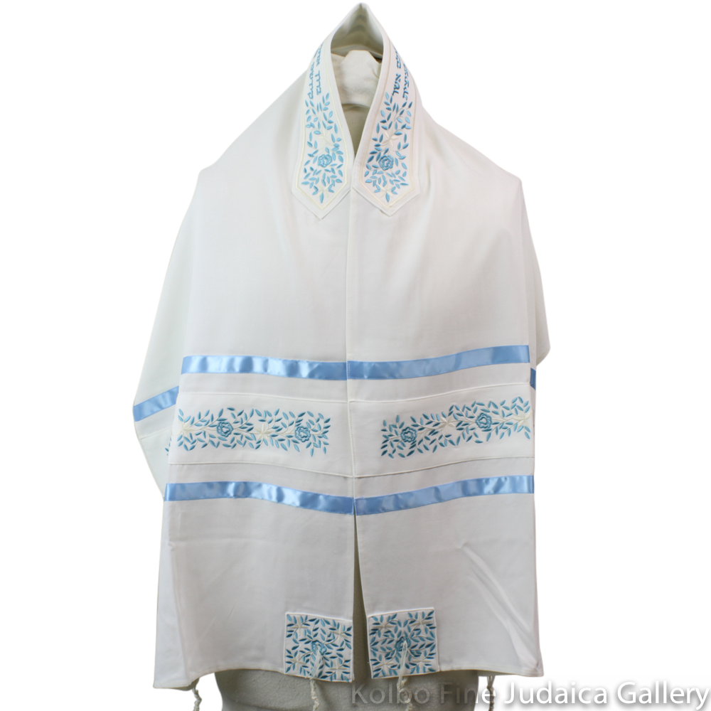 Tallit Set, Embroidered Vine Design in Pale Blue on White Brushed Cotton