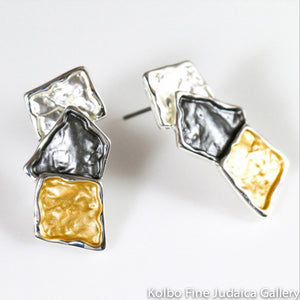 Earrings, Geometric Shapes, Silver and Gold Plate, Post