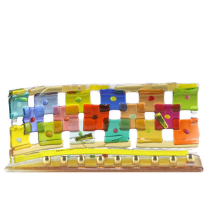 Menorah, Rainbow Quilt Design, Small, Multicolor Fused Glass With Beads, Amber Base