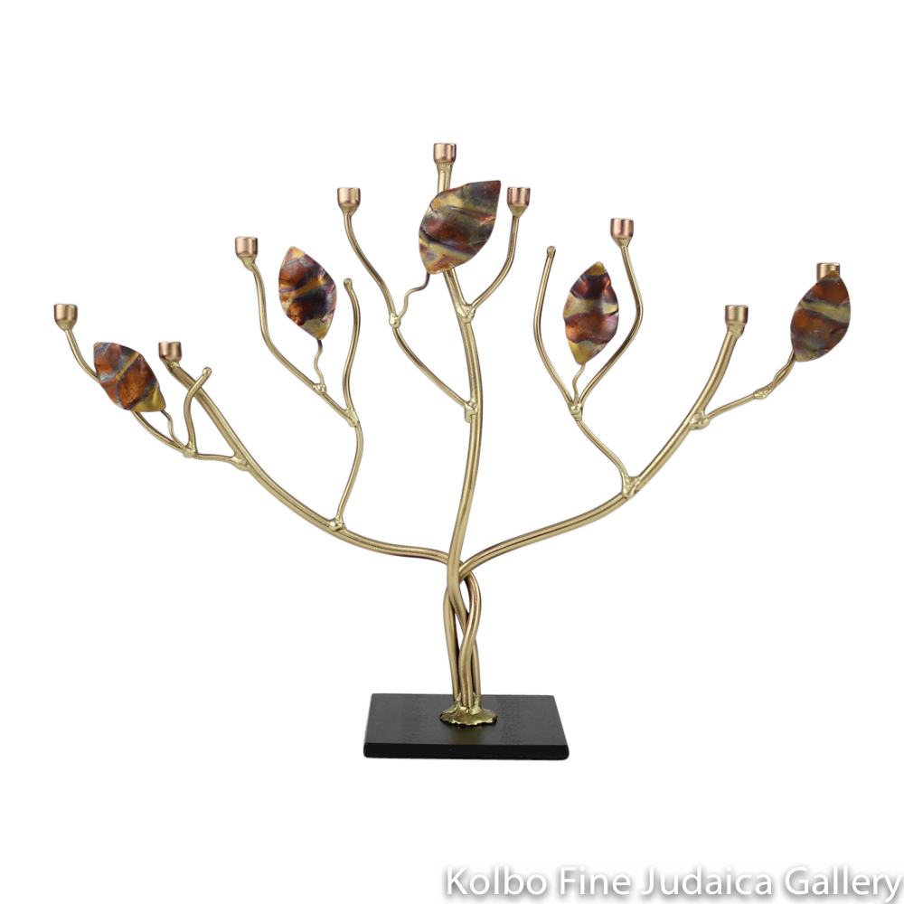 Menorah, Tree of Life with Flat Metallic Leaves, Brass and Copper