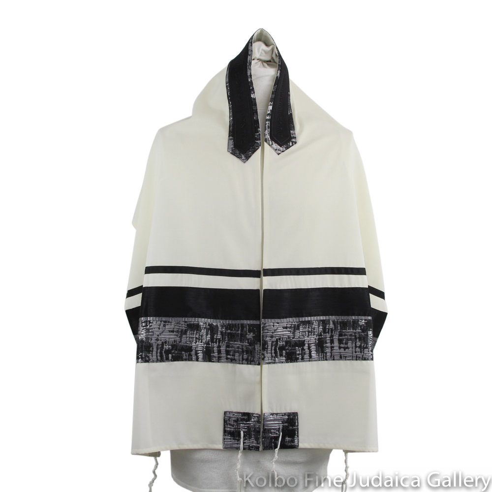 Tallit Set, Black and Silver Western Wall Design, Cotton