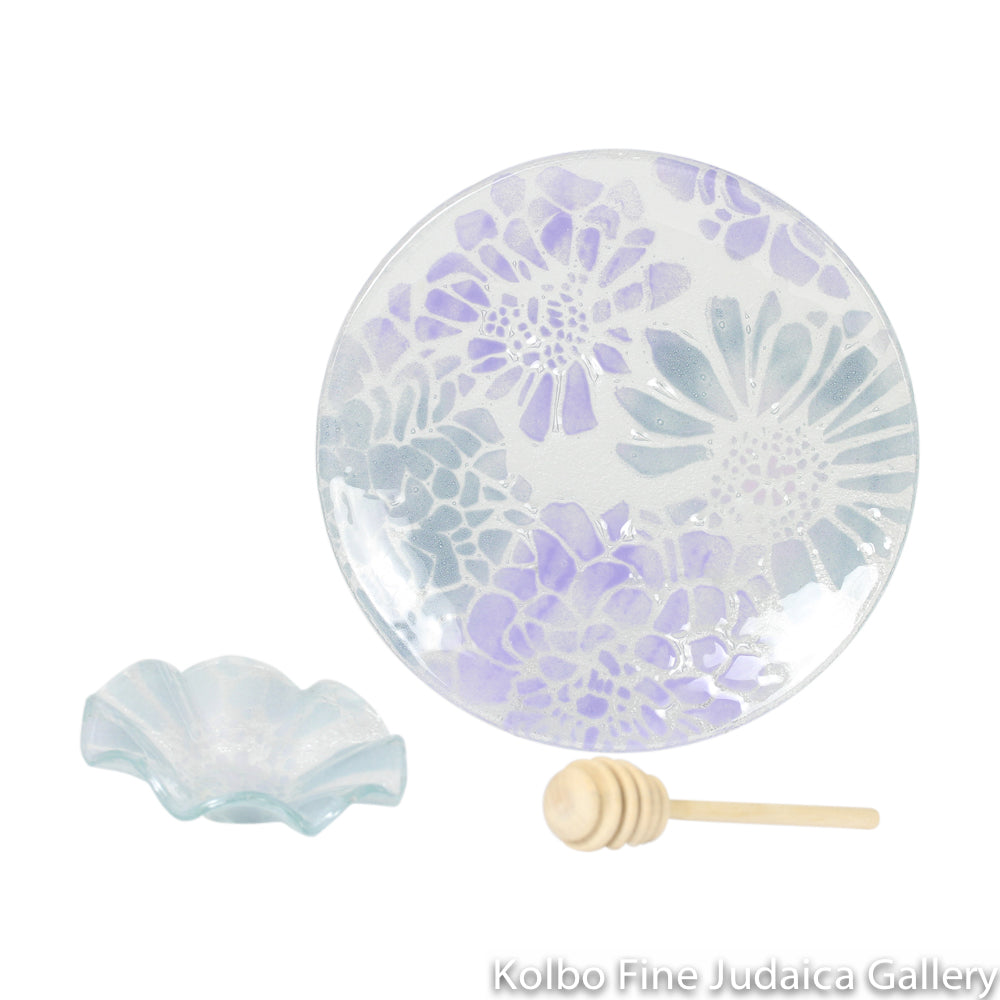 Honey and Apple Set, Floral Pattern in Lavender and Periwinkle, Glass