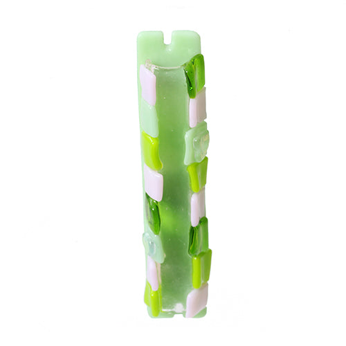 Mezuzah, Green Squares with Clear Window, Fused Glass